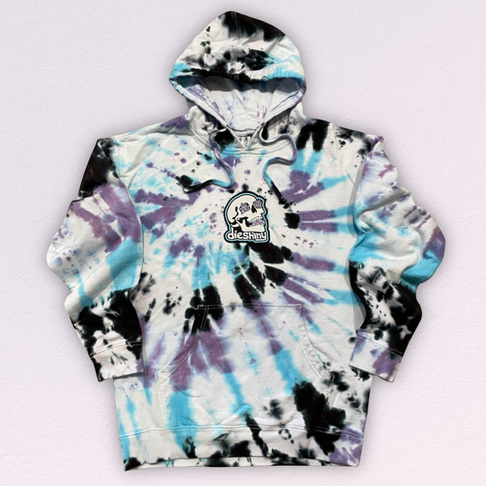 Glacier Blue, Black and Violet tie dye on a white hoodie